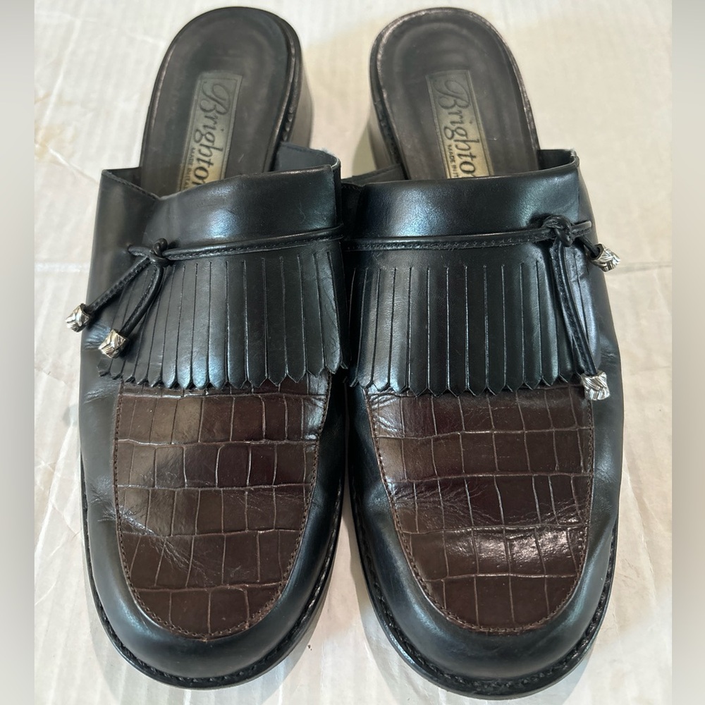 Brighton Darma Tassel Mule Loafer Black & Brown Size 8 Italian Academia Croc